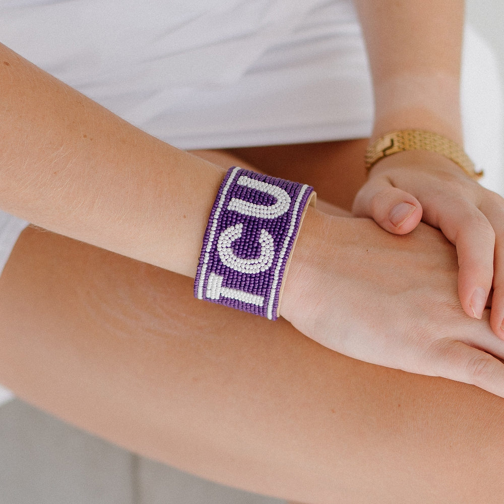 Desden Beaded Cuff TCU Horned Frongs Beaded Cuff in Purple and White by Desden