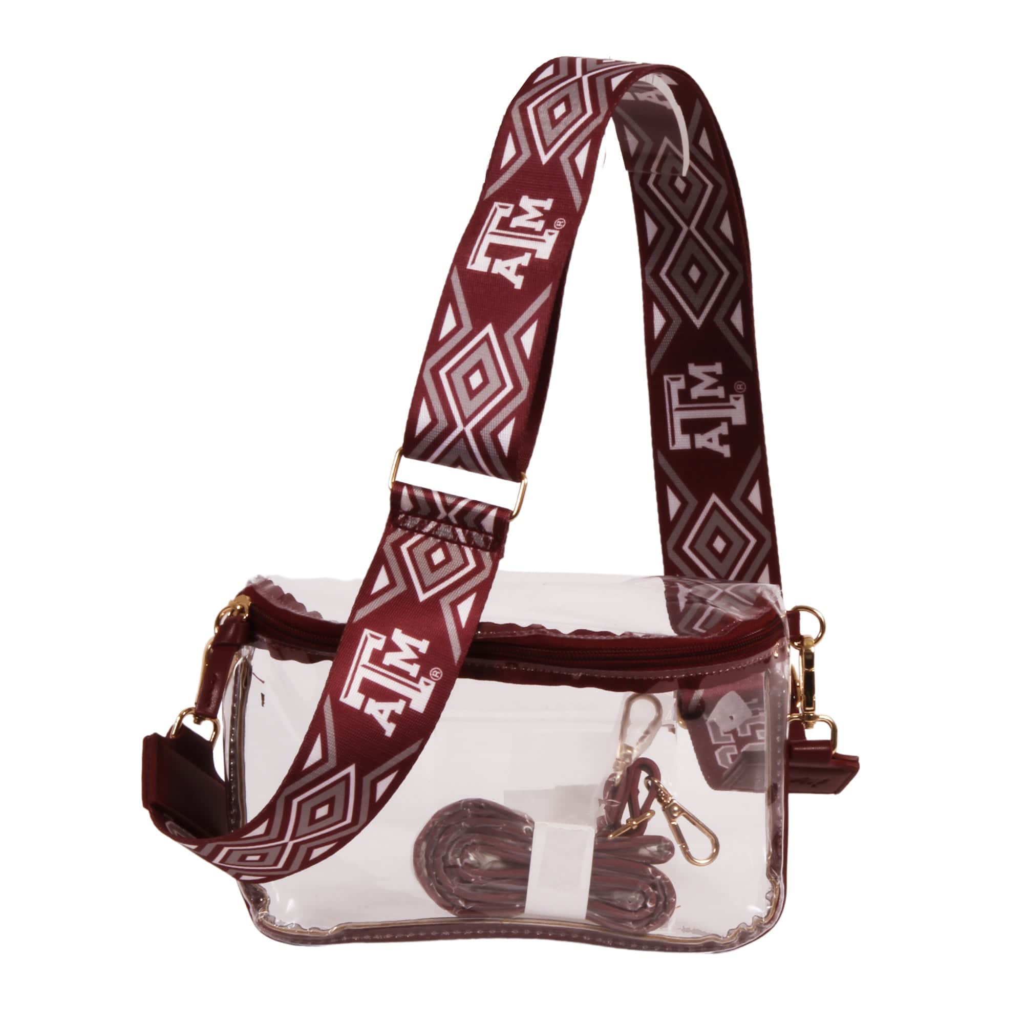 Desden Purse Texas A&M Clear Sling Bag in Maroon and White with Custom Printed Purse Strap by Desden