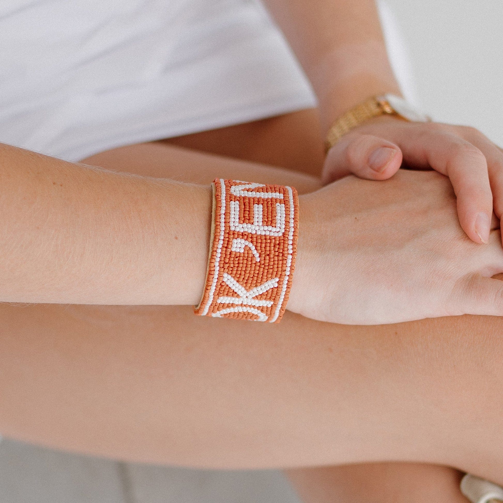 Desden Beaded Cuff Texas Hook 'em Beaded Cuff in Burnt Orange and White by Desden