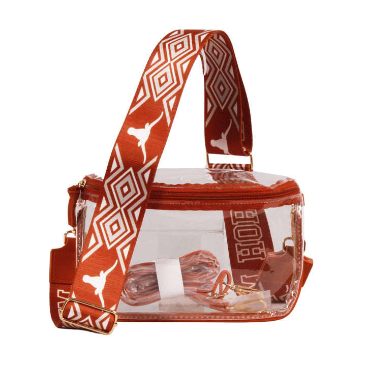 Desden Purse Texas Longhorns Clear Sling Bag with patterned shoulder strap in Burnt Orange and White