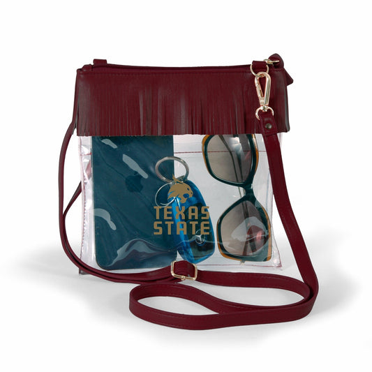 Texas State Bobcats JudyAnn Fringe Clear Crossbody Purse, stadium-approved, officially licensed, by Desden