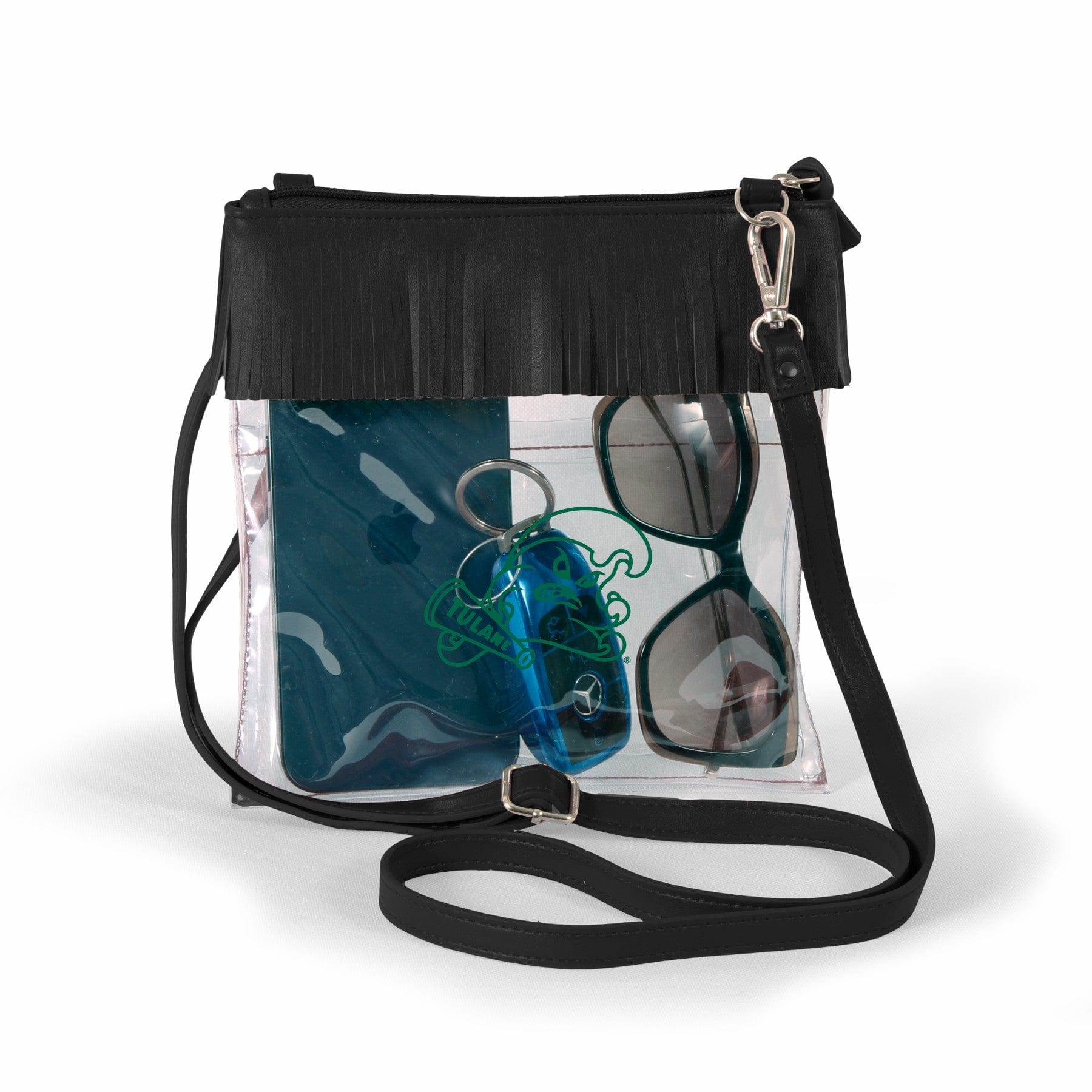 Desden Crossbody Tulane Green Wave Judyann Clear crossbody with fringe by Desden