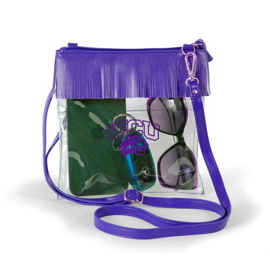 Western Carolina Catamounts JudyAnn Fringe Clear Crossbody Purse, stadium-approved, officially licensed, by Desden