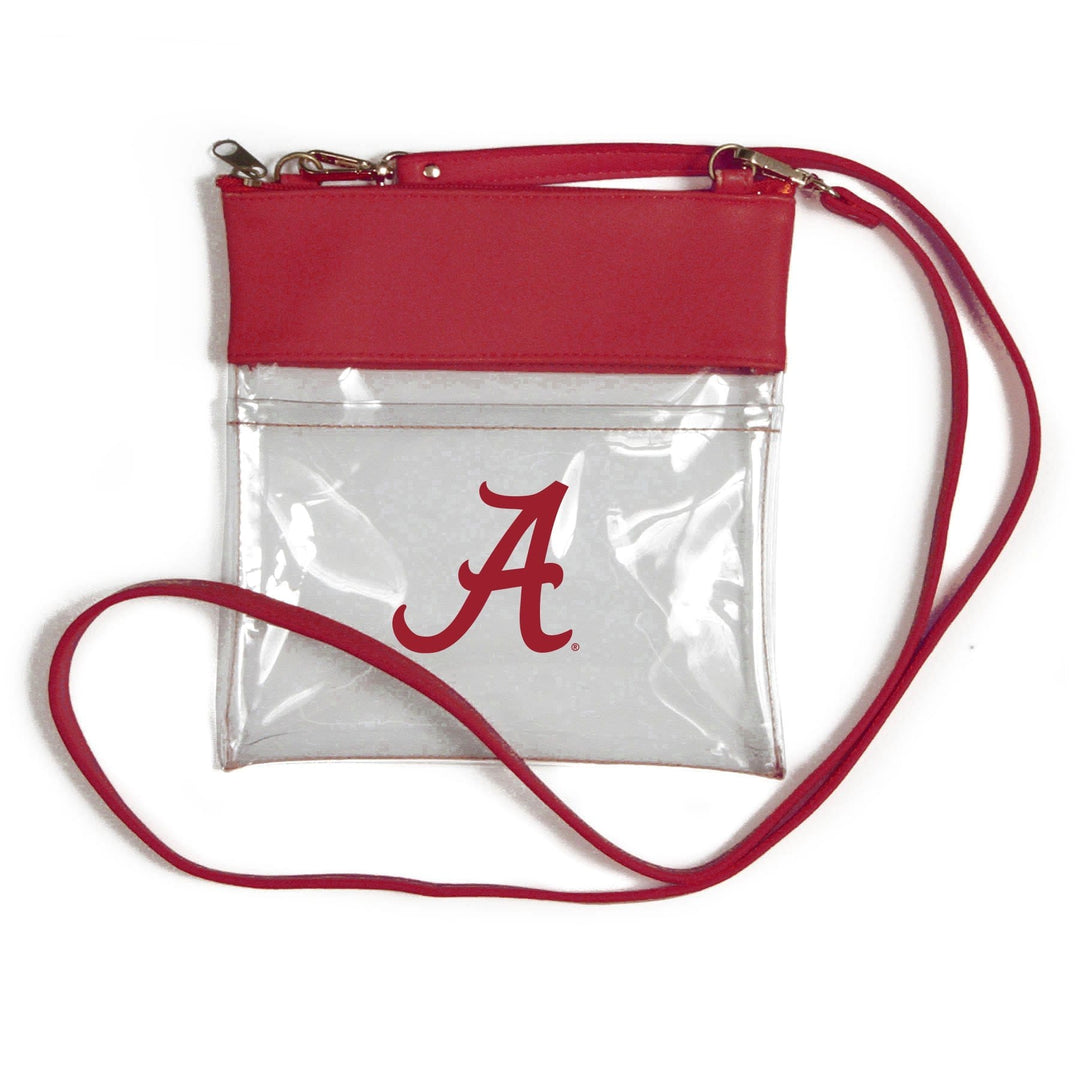 Clear crossbody purse with crimson trim and crimson Alabama A logo on front. 