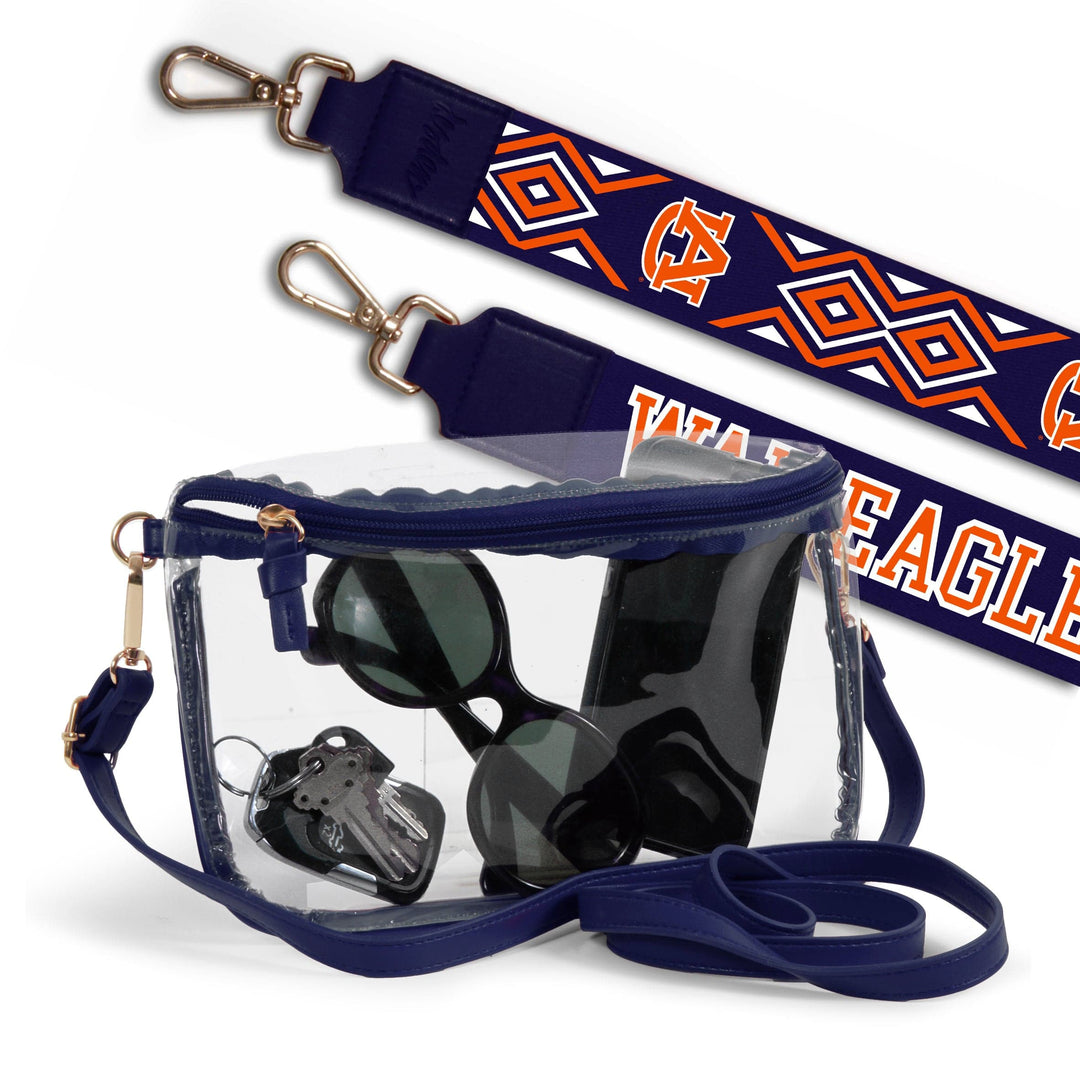 auburn clear purse with printed purse strap in navy and orange